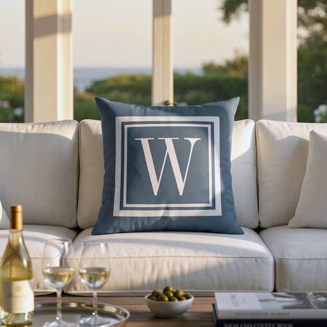 Meer Blauwe en Witte Klassieke Vierkante Monogram Buitenkussen (Creator heeft geüpload)