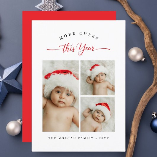 Meer Cheer dit jaar Kerstmis Baby 3 Foto rood Feestdagenkaart