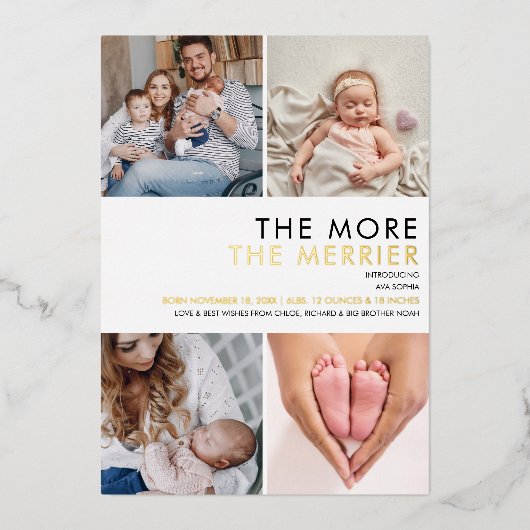 Meer De Merrier Foto Kerstmis Geboorte Goud Folie Feestdagenkaart (Voorkant)