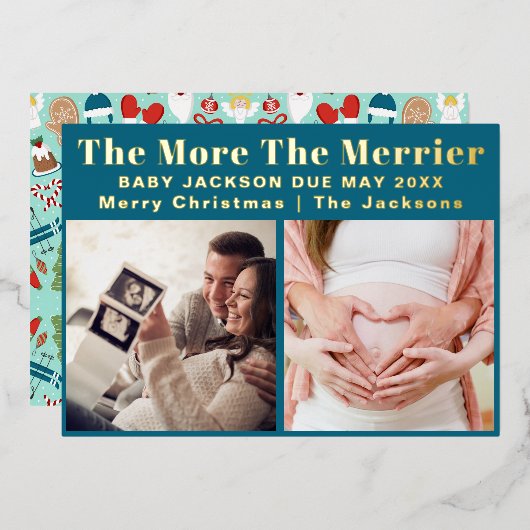 Meer de Merrier Moderne Kerstzwangerschap Folie Feestdagenkaart (Voorkant / Achterkant)