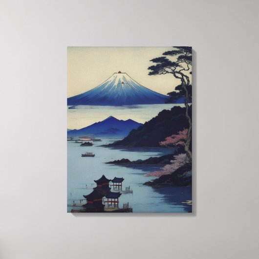 Meer, dennenboom en berg - Japan Canvas Afdruk (Voorkant)