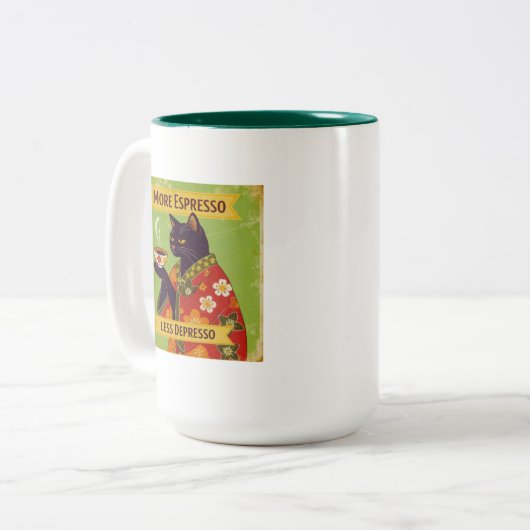 Meer Espresso, minder Depresso Tweekleurige Koffiemok (Voorkant links)