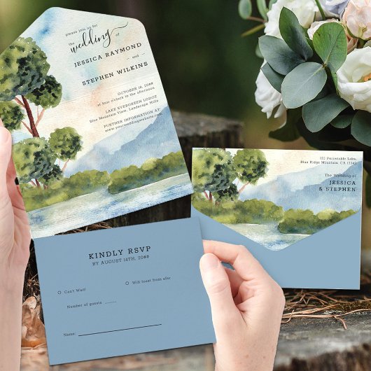 Meer Evergreen Dusty Blue Waterverf Wedding All In One Uitnodiging