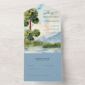 Meer Evergreen Dusty Blue Waterverf Wedding All In One Uitnodiging (Binnen)
