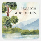 Meer Evergreen Waterverf Bride en Groom Names Vierkante Sticker (Voorkant)