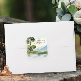 Meer Evergreen Waterverf Bride en Groom Names Vierkante Sticker