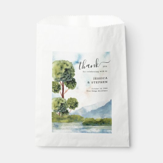 Meer Evergreen Waterverf Dusty Blue Wedding Bedankzakje (Voorkant)