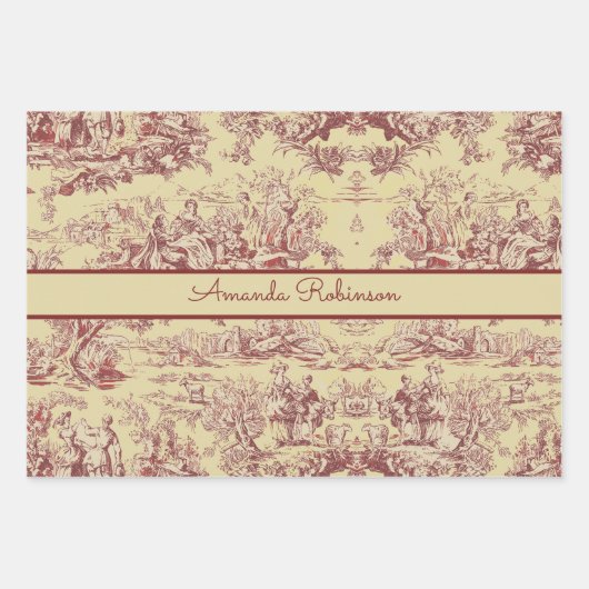 meer geel rood toile de jouy monogram inpakpapier vel (Voorkant 3)