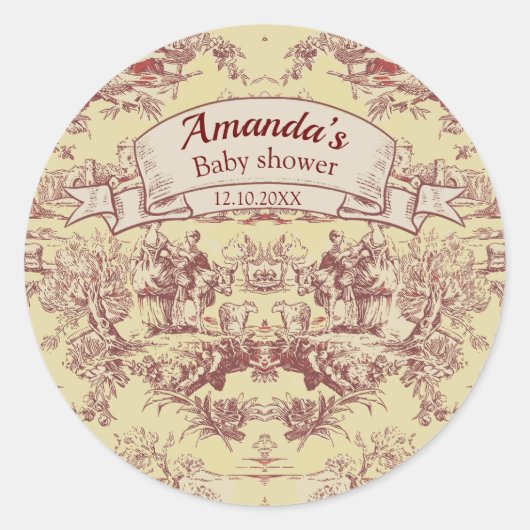 meer geel rood toile de jouy monogram ronde sticker (Voorkant)