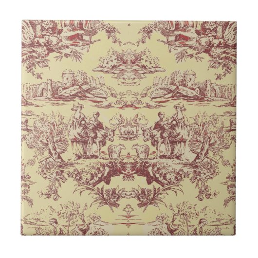  meer geel rood toile de jouy monogram tegeltje (Voorkant)