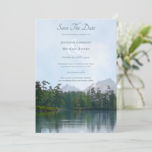 Meer in de bergen rustieke natuur bruiloft save the date (Staand voorkant)