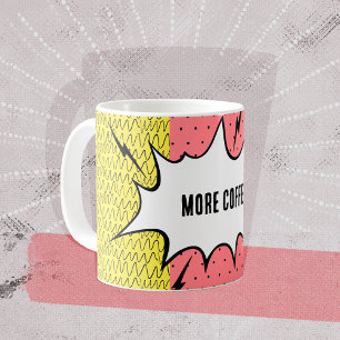 Meer koffie! Comic Art Doodle Geel Roze Patroon  Koffiemok