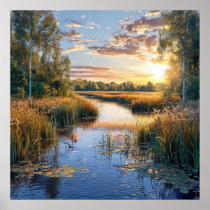 Meer landschap natuur reflectie serene bos poster