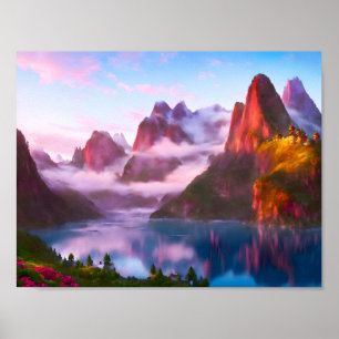 Meer landschap omgeven door bergen poster