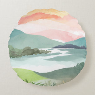 Meer ochtend zonsopgang   Aquarel natuur Rond Kussen