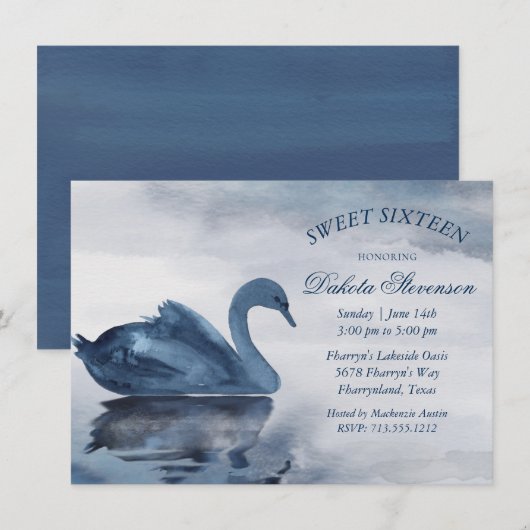 Meer reflecties | Dusty Blue Swan Sweet 16 Party Kaart (Voorkant / Achterkant)