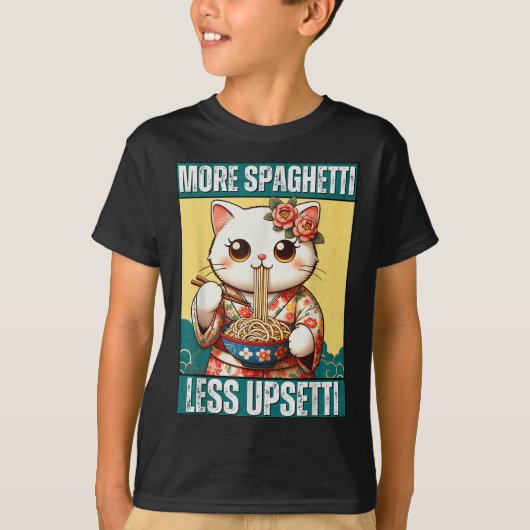 Meer spaghetti minder overstuur Grappige kat eet s T-shirt (Voorkant)