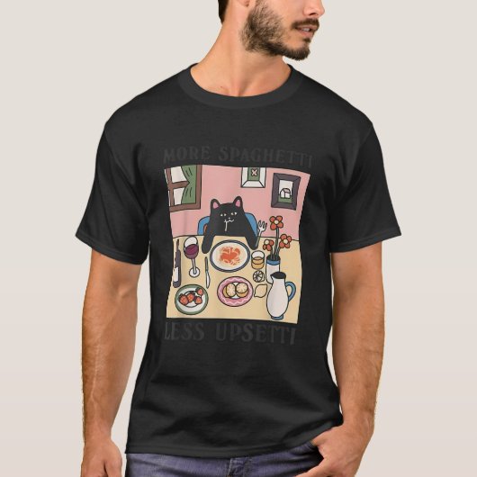 Meer spaghetti minder overstuur grappige kat eten  t-shirt (Voorkant)