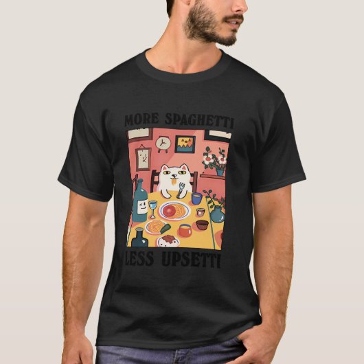 Meer Spaghetti Minder Upsetti Grappige Kat Eet Spa T-shirt (Voorkant)