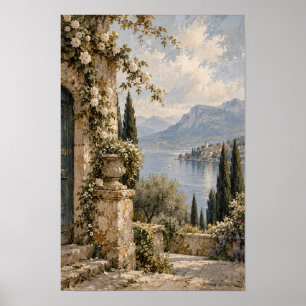 Meer stenen terras met witte rozen wandkunst poster