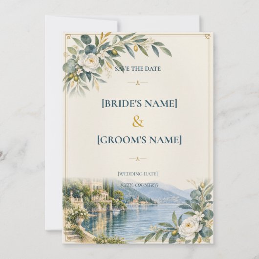 Meer van Como | Elegant Blauw & Goud Save The Date (Voorkant)