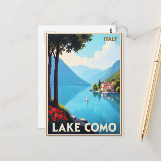 Meer van Como, Italië reisposter, Briefkaart (Voorkant / Achterkant in situ)