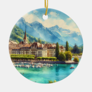Meer van Genève Zwitserland Waterverf Kerst Keramisch Ornament