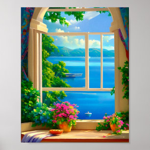 Meer Venster Scène Ontwikkeld Landschap Kunstprint Poster