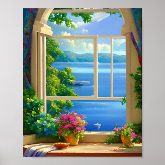 Meer Venster Scène Ontwikkeld Landschap Kunstprint Poster (Voorkant)