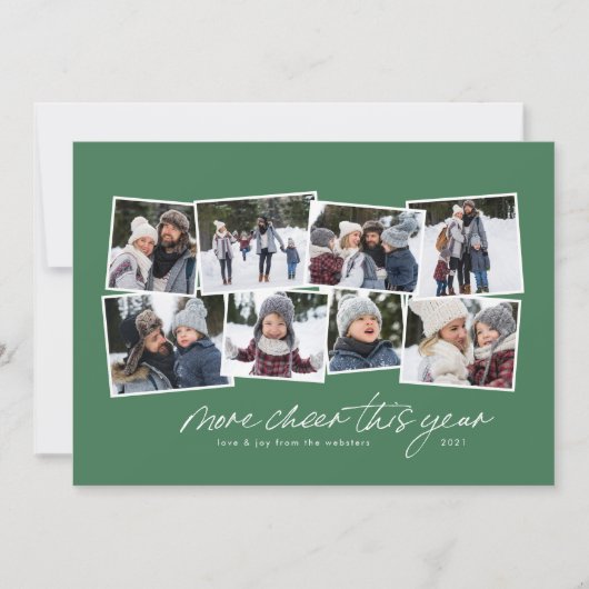 Meer vrolijkheid dit jaar 8-foto collage groen feestdagenkaart (Voorkant)