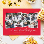 Meer vrolijkheid dit jaar, 8-foto collage-vakantie feestdagenkaart<br><div class="desc">Meer vrolijkheid dit jaar! Viel een jaar van vrolijkheid met deze 8-foto feestelijke kaart. Het moderne manuscript "meer vrolijkheid dit jaar"zit onder een collectie foto's die van één enkele familiefoto kunnen zijn spruit of hoogtepunten van het jaar. Geweldig voor gezinnen en paren om vakantiebezoekers te sturen! De rode achtergrond kan...</div>