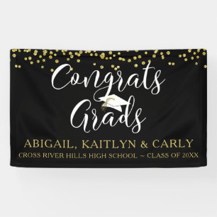 Meerdere Afstudeerders Zwart Goud Confetti Congrat Spandoek