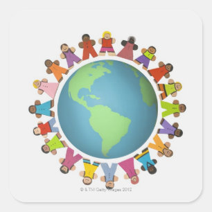 Meerdere etnische figuren omringen het wereldbol vierkante sticker
