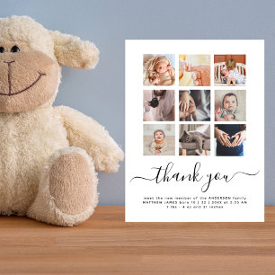 Meerdere foto collage chic script baby bedankt kaa briefkaart