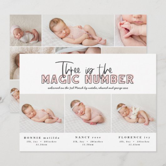 Meerdere foto's, drieledige geboorteaankondiging aankondiging (Voorkant / Achterkant)