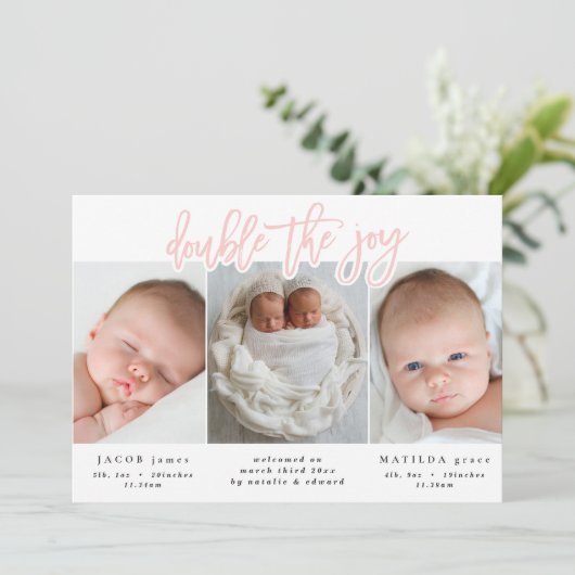 Meerdere foto's met dubbele geboorte aankondiging (Staand voorkant)