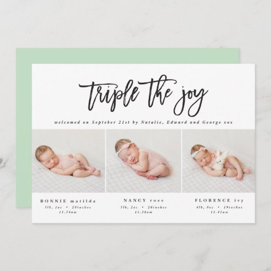 Meerdere foto's moderne tripletgeboorteaankondigin aankondiging (Voorkant / Achterkant)