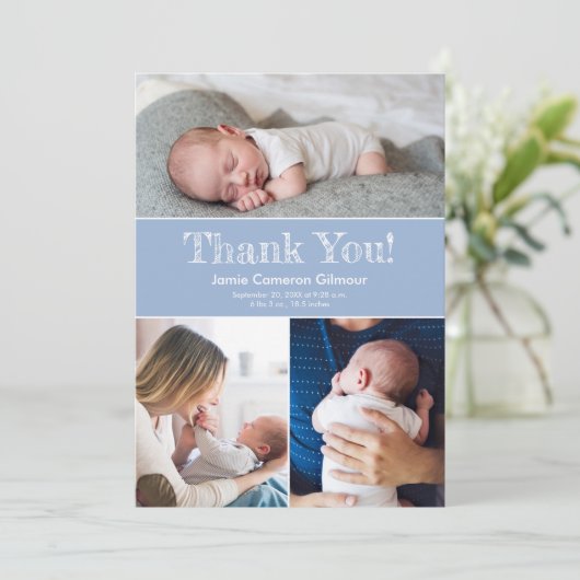Meerdere foto's van moderne blauwe babyjongen bedankkaart (Staand voorkant)