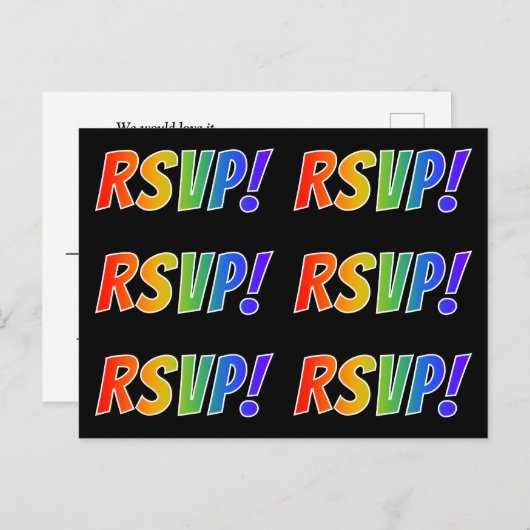 Meerdere kleurrijke regenboogletters "RSVP!" Briefkaart (Voorkant / Achterkant)