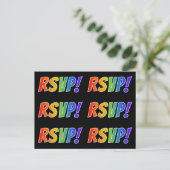 Meerdere kleurrijke regenboogletters "RSVP!" Briefkaart (Staand voorkant)