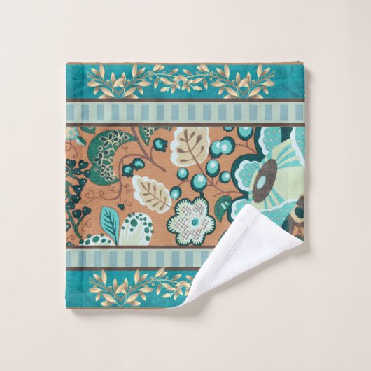 Meerdere patronen, Blauwgroen, groen, roest, goud, Bad Handdoek (Wasdoekje)