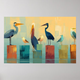 Meerdere zeevogels op palen poster