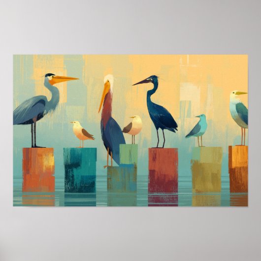Meerdere zeevogels op palen poster (Voorkant)