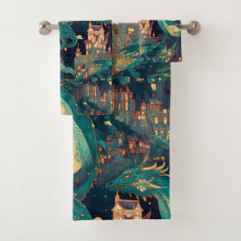 Meerderlijke Blauwgroen dragons en dorp Bad Handdoek