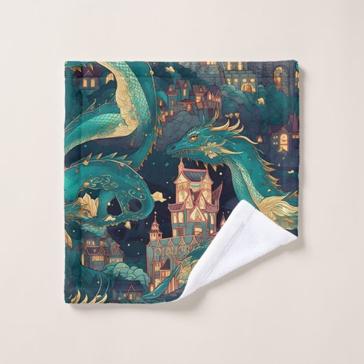 Meerderlijke Blauwgroen dragons en dorp Bad Handdoek (Wasdoekje)