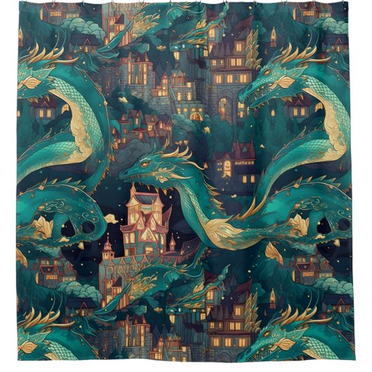 Meerderlijke Blauwgroen dragons en dorp Douchegordijn (Voorkant)