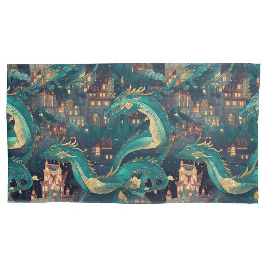 Meerderlijke Blauwgroen dragons en dorp Kussensloop (Voorkant-Links)