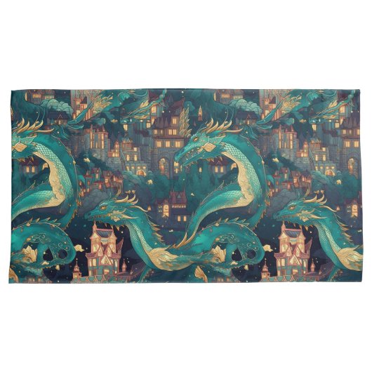 Meerderlijke Blauwgroen dragons en dorp Kussensloop (Voorkant-Rechts)