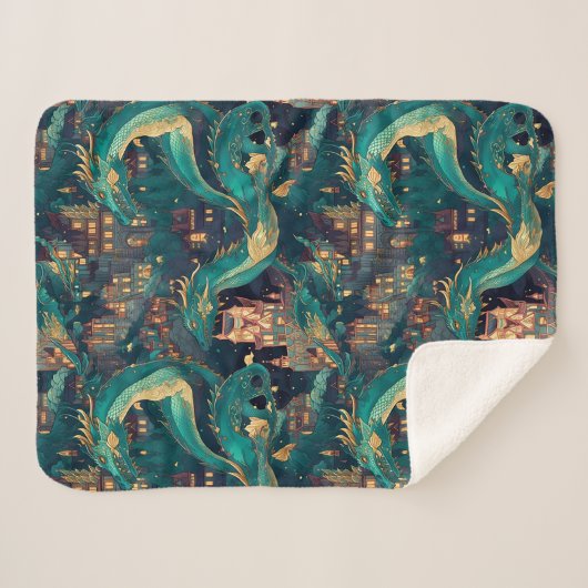 Meerderlijke Blauwgroen dragons en dorp Sherpa Deken (Voorkant (horizontaal))