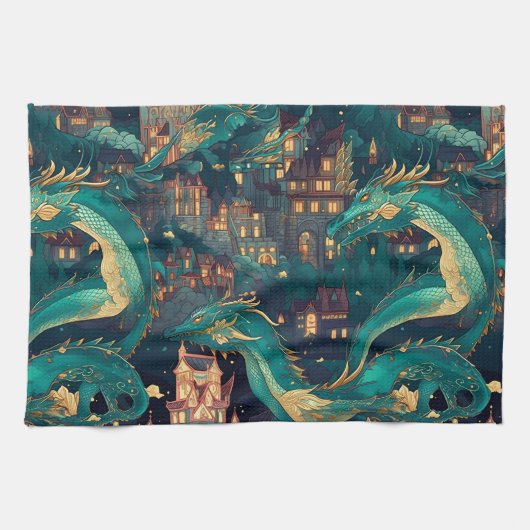 Meerderlijke Blauwgroen dragons en dorp Theedoek (Horizontaal)